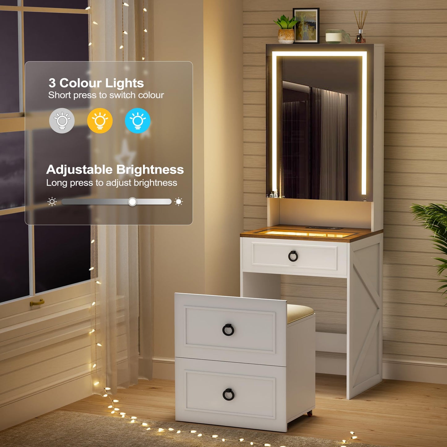 Sminkbord 3-i-1 med LED-spegel och förvaringspall