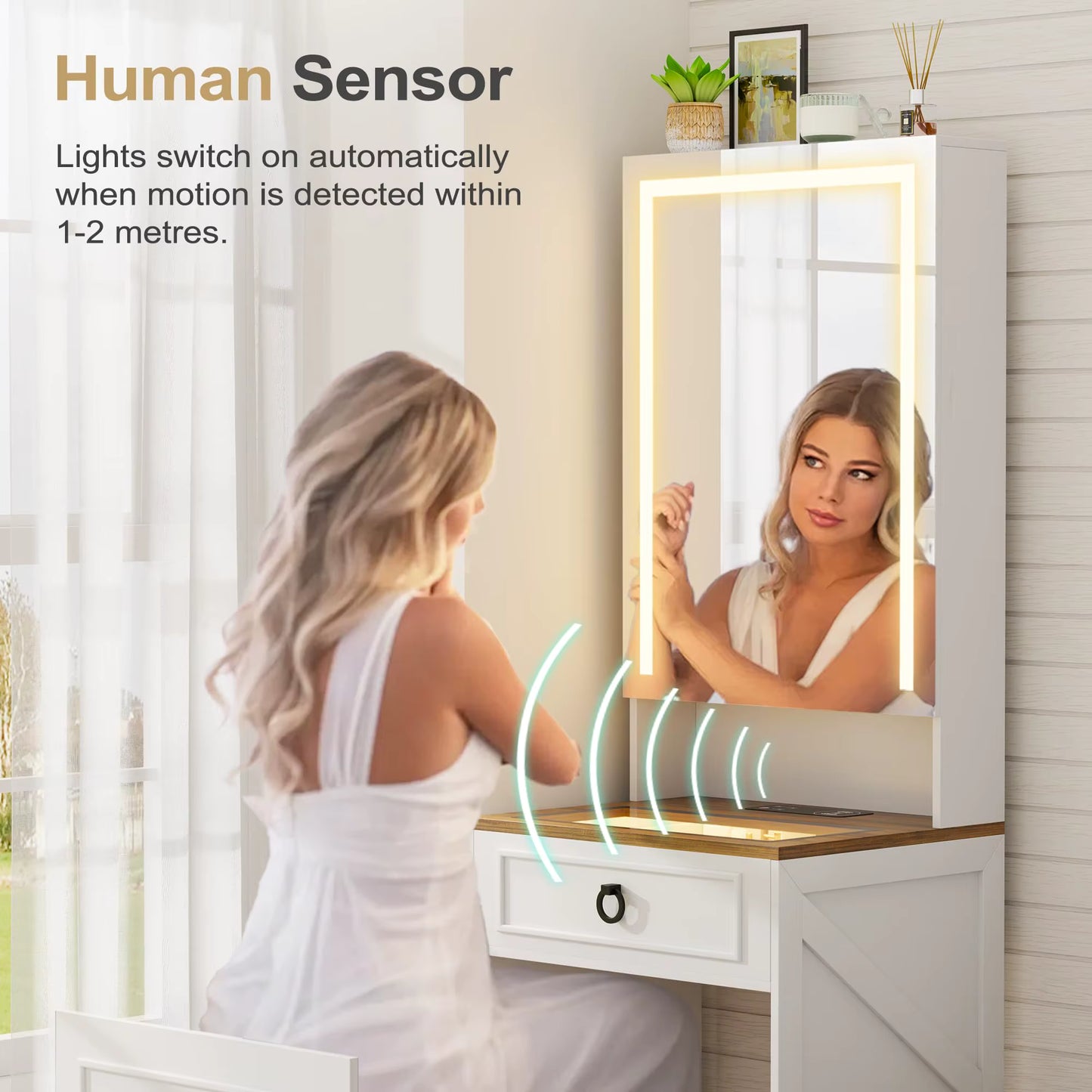Sminkbord 3-i-1 med LED-spegel och förvaringspall