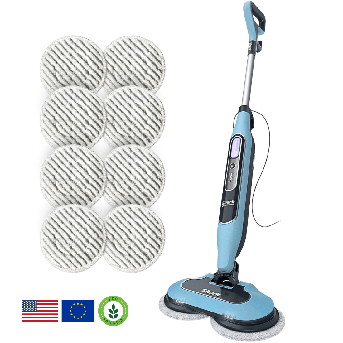 Shark® Allt-i-ett Ång- & Skrubbmopp – LED-belysning, XL-vattentank, 8 dynor