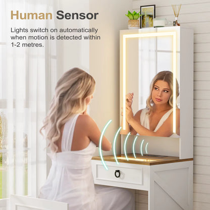 Sminkbord 3-i-1 med LED-spegel och förvaringspall